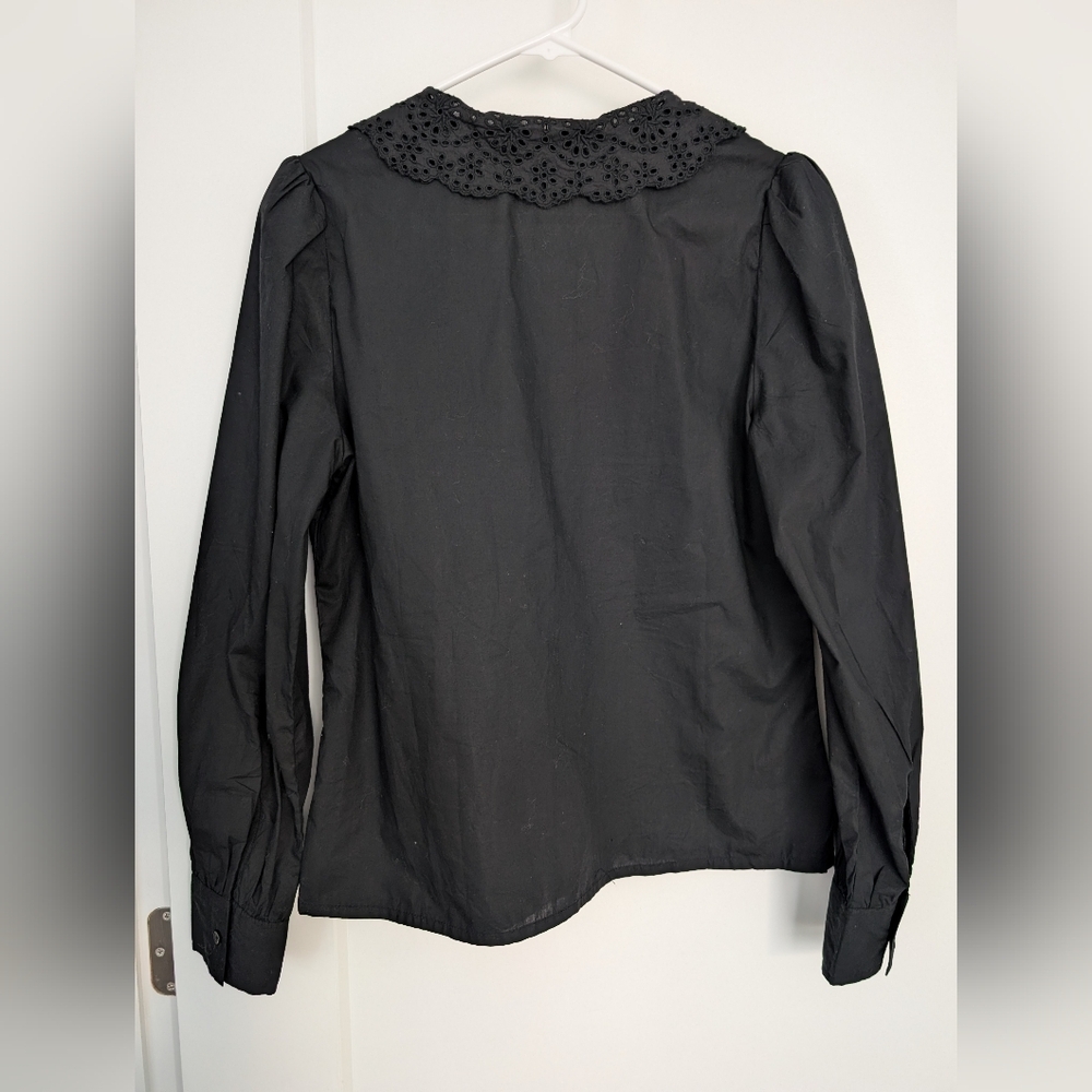 100% Cotton Calligraphie Black Eyelet Collar Long Sleeve Blouse Women's Size M - Picture 4 of 9